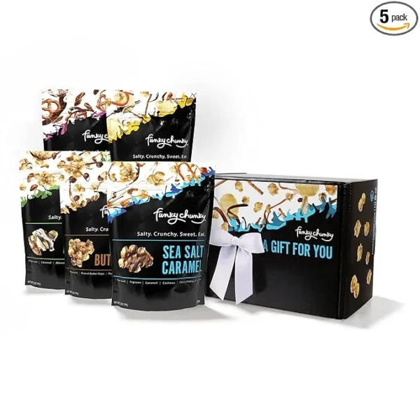 Fancy Chunky gourmet snack gift box set with 5-pack assorted flavors, including Sea Salt Caramel and Butter Crunch, perfect for holiday gifts, birthdays, or corporate gifting. Elegant packaging with a ribbon included.”