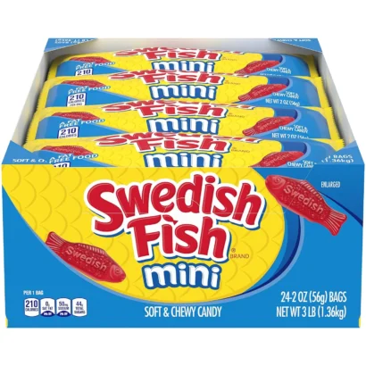 Swedish Fish Mini Soft & Chewy Candy – Bulk Pack of 24 (2 oz Bags) – Classic Red Berry Flavor – 3 lb Total Weight – Perfect for Parties, Events, and Snacking
