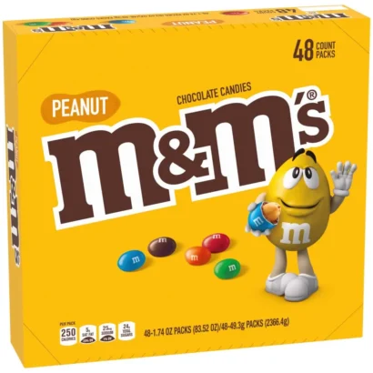 M&M’S Peanut Chocolate Candy 48-Count Box – Front View of 1.74 oz Individually Wrapped Packs