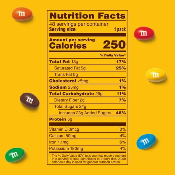 M&M’S Peanut Chocolate Candy – Back View of 48-Count Box – Nutritional Information and Ingredients