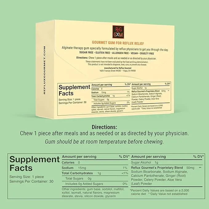 Reflux Gourmet Chew GxM+ Soothe - Nutrition facts and ingredients label
