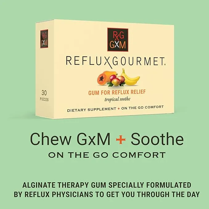 Reflux Gourmet Chew GxM+ Soothe - Box featuring the phrase "Chew GxM+ Soothe" and highlighting the on-the-go comfort benefits