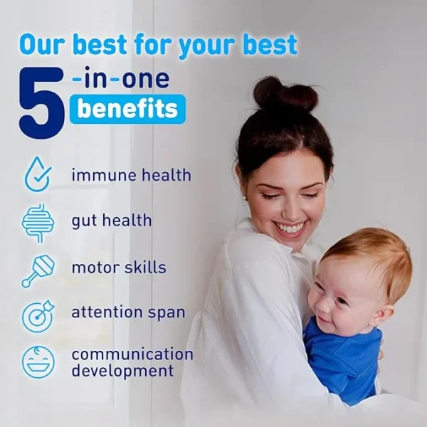 Mom holding happily baby with Infographics of baby formula