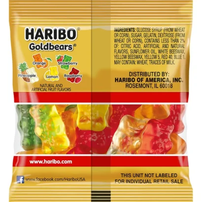 Haribo Goldbears Gummy Candy – Nutritional Facts and Ingredients – 22.8 oz Tub – Detailed Label Showing Calories, Sugar Content, and Ingredients List for 54 Treat Size Packs