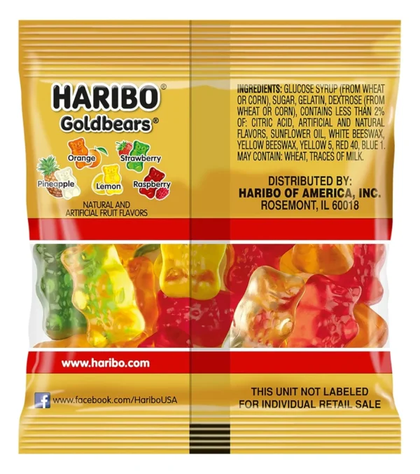 Haribo Goldbears Gummy Candy – Nutritional Facts and Ingredients – 22.8 oz Tub – Detailed Label Showing Calories, Sugar Content, and Ingredients List for 54 Treat Size Packs