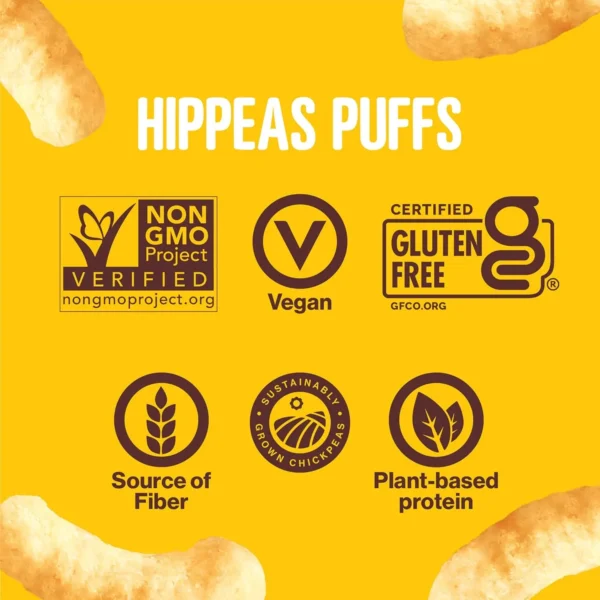 Hippeas Chickpea Puffs, Blazin' Hot flavor, highlighting the vegan and gluten-free certifications on the packaging.