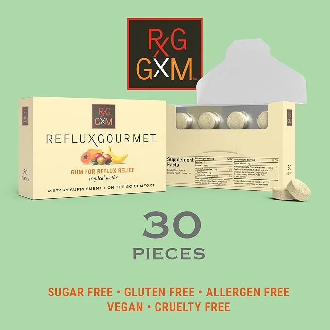 Reflux Gourmet Chew GxM+ Soothe - Box showcasing the 30 pieces count and the phrase "The Only Alginate Therapy Chewing Gum.
