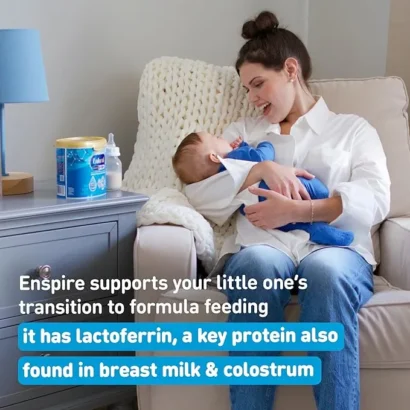 Mother holding happily infant with Infographics of baby formula