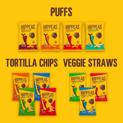 Hippeas Chickpea Puffs, Blazin' Hot flavor, displayed alongside other Hippeas snacks like tortilla chips and veggie straws