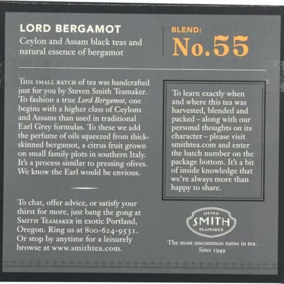 describtion of Smith Teamaker Lord Bergamot Black Tea – 15 Bags | Premium Ceylon & Assam black tea blend with natural essence of bergamot. Rich, aromatic, and full-bodied tea, perfect for Earl Grey lovers. Vegan-friendly and sourced from a small business brand. Available on Amazon
