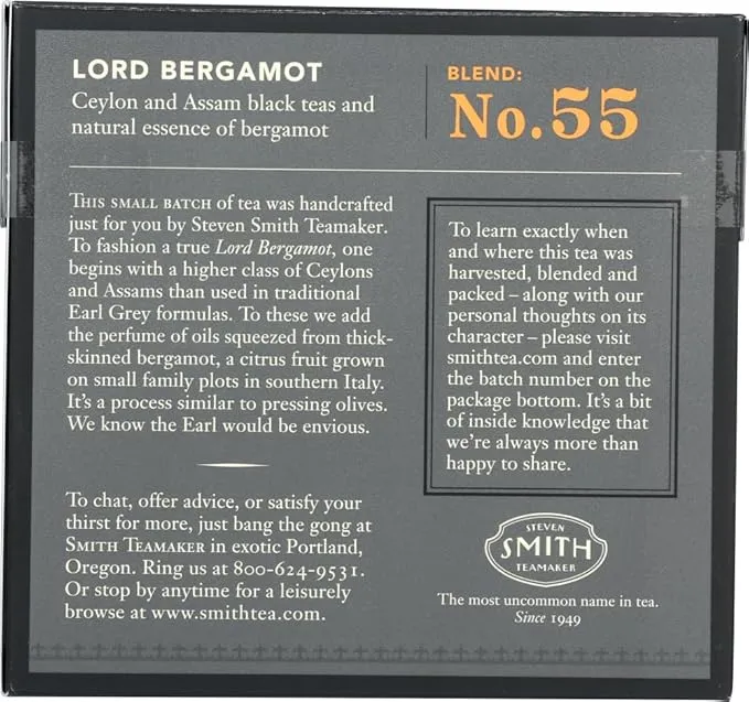 describtion of Smith Teamaker Lord Bergamot Black Tea – 15 Bags | Premium Ceylon & Assam black tea blend with natural essence of bergamot. Rich, aromatic, and full-bodied tea, perfect for Earl Grey lovers. Vegan-friendly and sourced from a small business brand. Available on Amazon